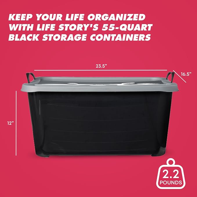 Life Story 12 Pack Heavy Duty Stackable Storage Bin, 55 Quart Home Organizer, Versatile Lightweight Locking Bins with Carrying Handles, Black/Gray - Image 3