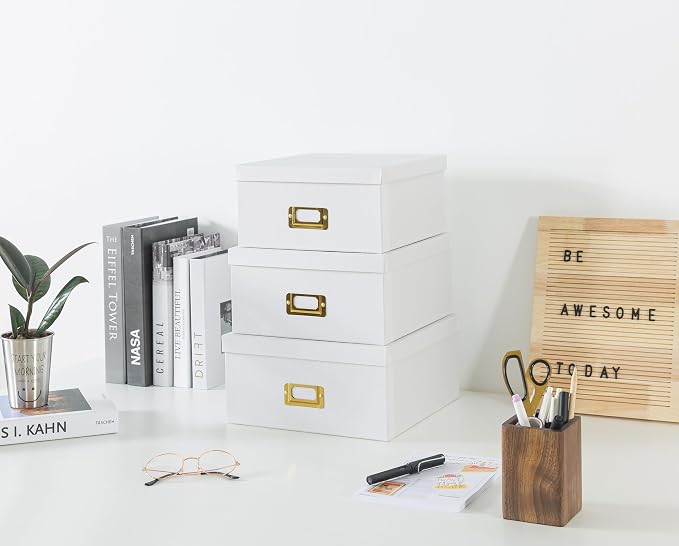 Soul & Lane - White and Gold Decorative Storage Boxes with Lids, Set of 3 | Square Stacking Kraft Memory Photo Storage with Label Holders, Nesting Cardboard Paper Bins for Office and Shelves - Image 2