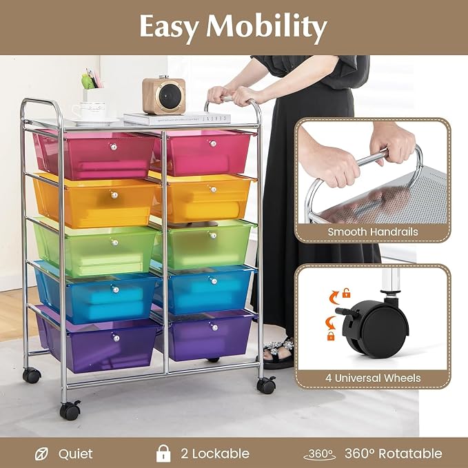 10 Drawer Rolling Cart, Storage Cart Organizer on Wheels, Drawer Cart with Metal Frame & Large Storage Capacity, Rolling Cart with Drawers for Living Room Classroom, Office - Image 4