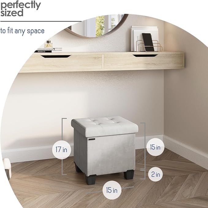 Storage Ottoman Cube with Small Bin, 15-in Square Ottoman with Storage for Living Room and Bedroom, Small Ottomans Foot Rest, Velvet Foot Stools Ottomans Max 330lbs, Light Grey - Image 9