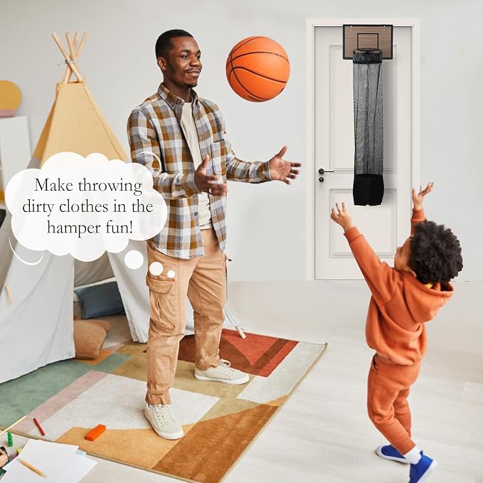 Over the Door Basketball Hoop Laundry Basket ,Wooden Basketball Laundry Hamper with Zipper for Kids Room,Dorm Rooms,Bathroom,Saving Space Storage and Organization (Walnut) - Image 6