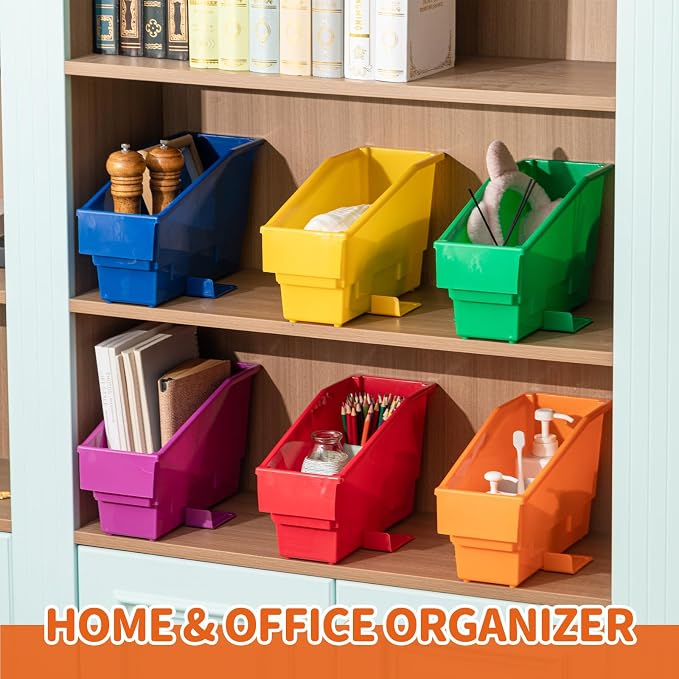 Geetery 12 Pack Non-Tip Book Bins with Stabilizer Wings Multicolor Plastic Storage Organizers Color Code Organization for Home Office Desktop Library Shelves Document Magazine File Holder (Rainbow) - Image 5