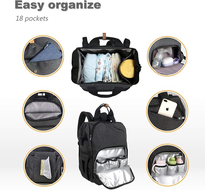 Hap Tim Diaper Bag Backpack,Large Capacity Travel Back Pack Maternity Baby Nappy Changing Bags, Double Compartments with Stroller Straps,Waterproof,Black (US7340-DG) - Image 3