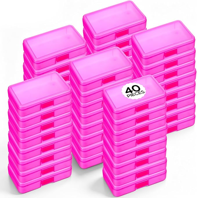 Zhehao 40 Pack Plastic Pencil Box Bulk, Hard Case for Kids,Pink | Clear Lid Cases for School Supplies, 3 Compartment Organizer, Hard Plastic Utility Holder with Pens Brushes, Classroom Use by Zhehao