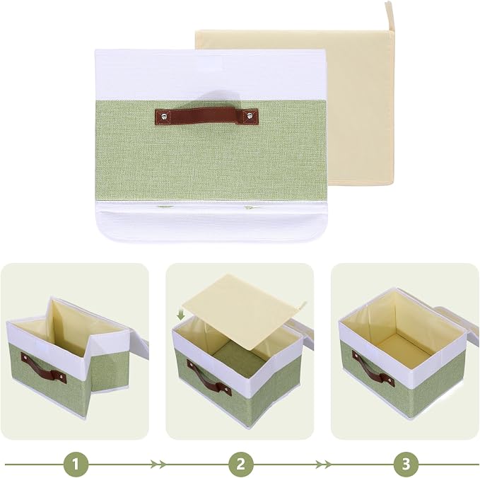 ANMINY Fabric Storage Box Bins with Lids, Green White, 13"x9"x7.9", 2 Pack | Keepsake Memory Storage, Cotton Linen, PP Board Reinforced, Washable, PU Handles, Foldable & Stackable, Decorative, Medium - Image 4