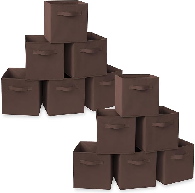 Casafield Set of 12 Collapsible Fabric Cube Storage Bins, Brown - 11" Foldable Cloth Baskets for Shelves, Cubby Organizers & More by Casafield