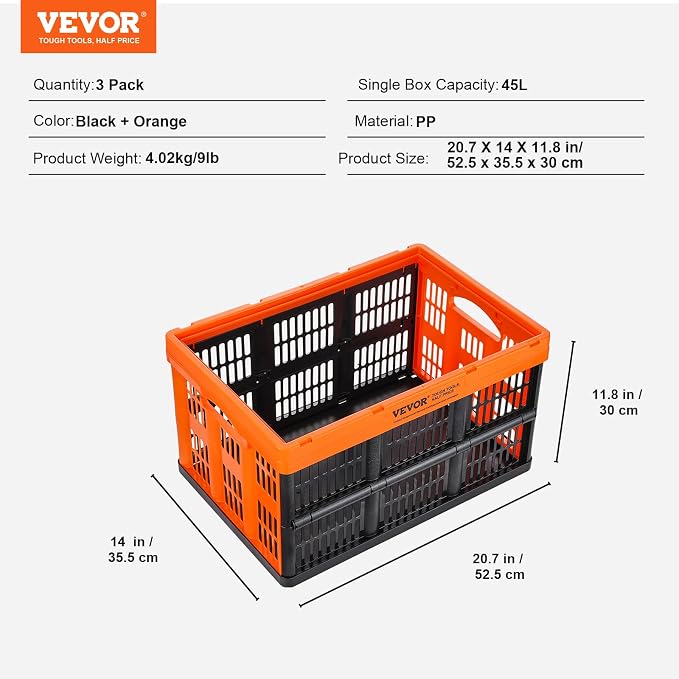 VEVOR 45L Plastic Collapsible Storage Basket 3 Packs, Folding Storage Crate | For Clothes, Toys, Books, Snack and Grocery Organizing, Folding Stackable Storage Containers/Bins with Handles, PP Material - Image 7