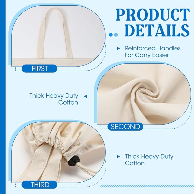 Zhehao 6 Packs Large Canvas Laundry Bags 20" x 28" Cotton Thick Cloth Laundry Bag with Handles & Drawstring Heavy Duty for Basket Hamper college Dorm Apartment Dwellers and Travel(White) - Image 3
