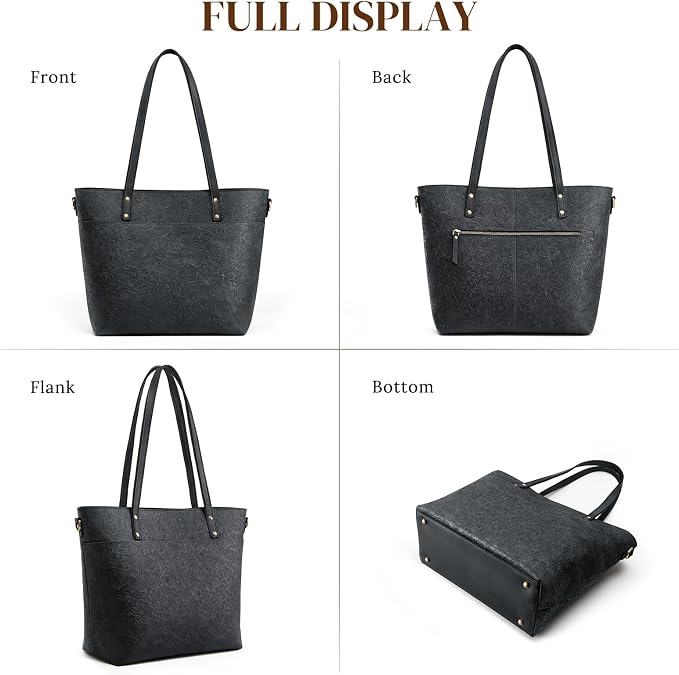 S-ZONE Leather Tote Bag for Women Large Work Totes Designer Handbags | Vintage Grain Crazy Horse Leather, Adjustable Strap, Fits 14" Laptop, Multi Pockets, Rose Embossed Tote, Travel Daily - Image 6