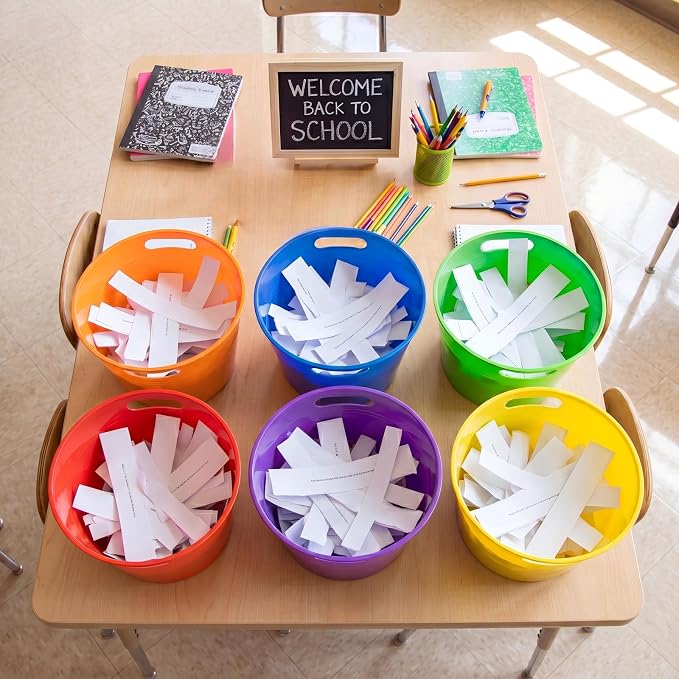meekoo 6 Pcs Tidy Tubs Classroom Trash Bins with Self-Adhesive Labels, Colorful Plastic Bucket Sorting Bins for Crafts, Sorting, Centerpiece, Pencil Holder 9.45 x 7.68 x 8.46 Inch for School - Image 3