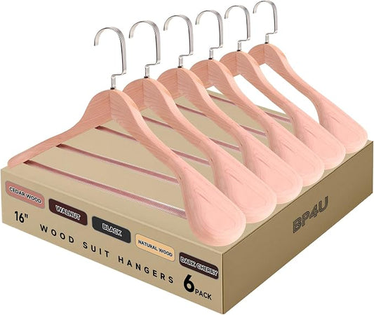 Wooden Suit Hangers with Non Slip Pants Bar, Cedar Wood, 6-Pack, 16" | Wood Extra-Wide Shoulder Hangers, Flat-Head Hook Hangers for Suits, Coats, Jackets, Shirts, Pants, and Heavy Clothes by BP4U%E2%84%A2