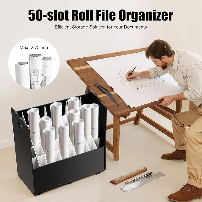 Blue Print Storage Organizer with Wheels, 50 Slots Mobile Blueprint Storage Rack Cart, Construction Plan Holder Roll Files Cart Map Poster Storage Cabinet for Office Home School, Black - Image 3