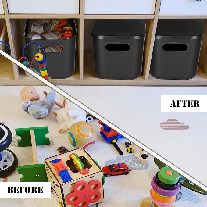 8 Pack Storage Bins, 9.8 X 7.1 X 6.3 Inch Black | Plastic Stackable Containers with Lid Handle, For Shelves Desktop Playroom Office, Organizing Toys Books Supplies Storage - Image 6