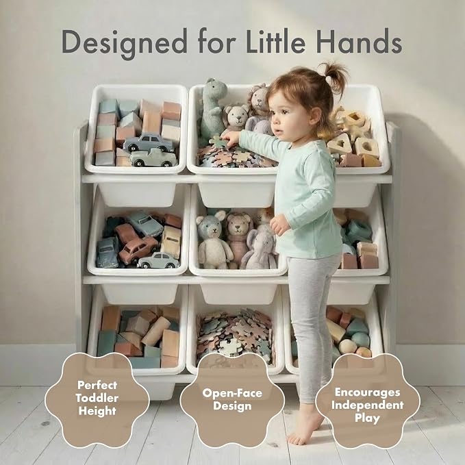 Humble Crew Kids Toy Organizer with 9 Bins, 3 Tier Storage for Playroom | Sturdy wood and steel toddler shelf, removable BPA-free containers, wall anchor anti-tip safety kit for bedroom or classroom - Image 4