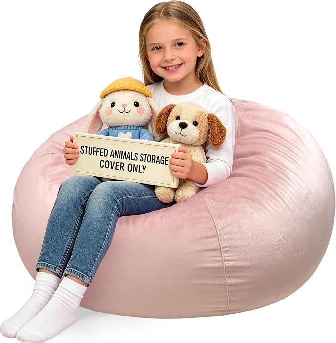 Lukeight Stuffed Animal Storage Bean Bag Chair Cover for Kids, Velvet Plush Toy Organizer Seat, Cover Only, No Filling Included, Long YKK Zipper, Side Pocket, X-Large 30"D x 18"H by Lukeight