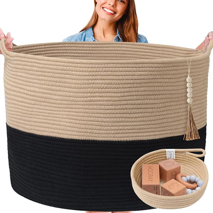 Huddle XXXXL WASHABLE Jumbo 125L Blanket Basket for Living Room, Toys, Baby | Woven Decorative Cotton Rope Black Jute Big Basket+Mini Basket for Nursery, Dog Toys, Storage, Organization Bins 24x17in by HuddleSupplyCo