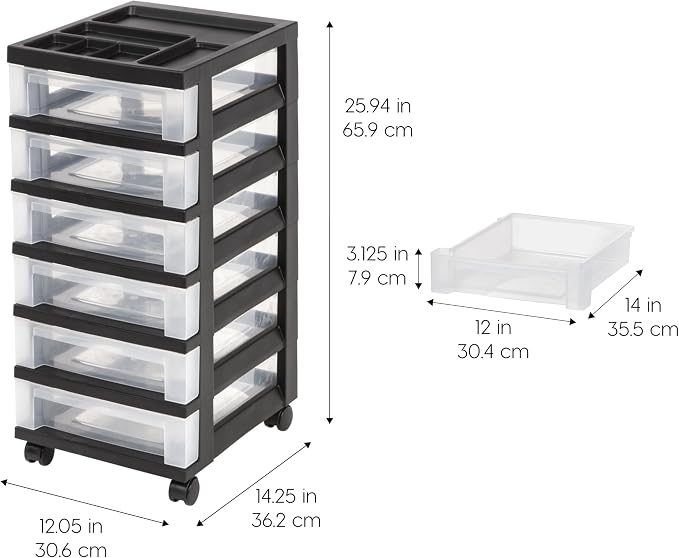 IRIS USA 6-Drawer Rolling Storage Cart, Black/Clear | Keep classroom supplies, teacher essentials, craft materials, and learning tools organized with easy-access drawers. - Image 3