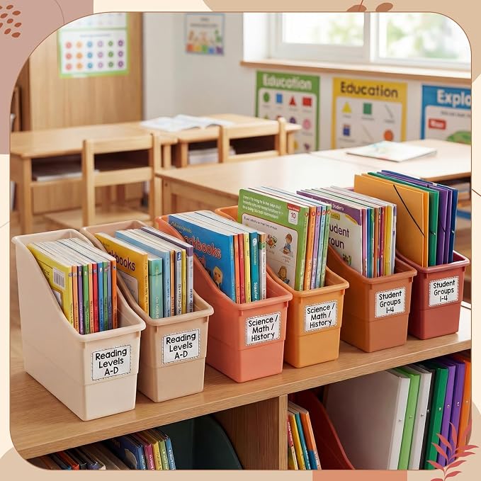Blosssound 12 Set Book Bins for Classroom Stackable,Earth Tones | Plastic Baskets with Labels, Slanted Front, Library Supplies Organizers, Desktop Storage Bins, Teachers Home School Use - Image 4