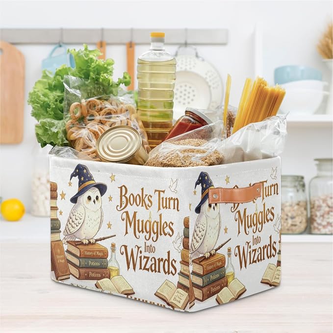 Magic Nursery Decor Baby Basket Large Blue Hat Wand Basket Owl Kid Gift Collapsible Book Shelf Clothes Rectangle Toy Bin 15"x11"x9.5" Set of 2 - Image 6