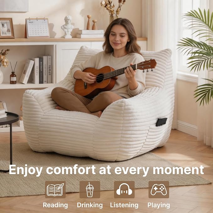 Bean Bag Chair for Adults & Kids, Giant Bean Bag Sofa with Side Pocket, Corduroy Beanbag Chair with Armrests, Comfy Stuffed Floor Sofa for Living Room Bedroom Dorm, White - Image 3