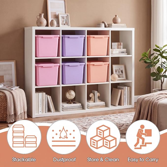Potchen 6 Pack Small Stackable Storage Bins with Lids Plastic Storage Boxes for Classroom 9.8" ×7.3" ×5.7" Decorative Organizer Bins for Craft Art Office Teacher Supplies (Pink,Purple,Orange) - Image 5