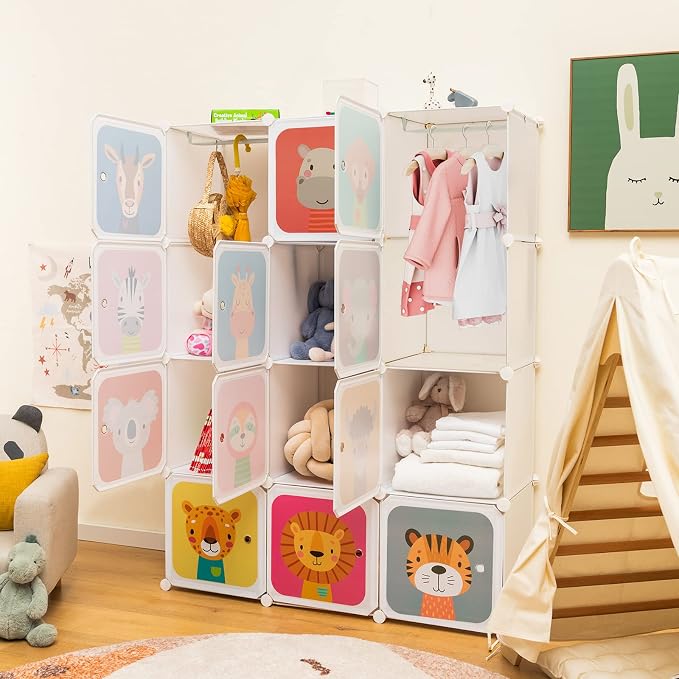 HONEY JOY Kids Wardrobe Closet, Baby Cartoon Clothes Storage Organizer, 12 Cubes & 2 Hanging Sections, Portable Children DIY Modular Bedroom Armoire Dresser Cabinet for Boys Girls (White) - Image 8