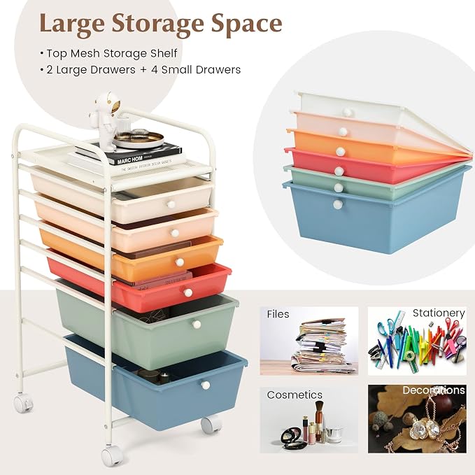 GOFLAME 6-Drawer Rolling Storage Cart, Multifunctional Art Craft Organizer Cart, Mobile Utility Storage Cart with Removable Drawers & Lockable Wheels, Craft Cart for Home Office, Macaron Color - Image 4