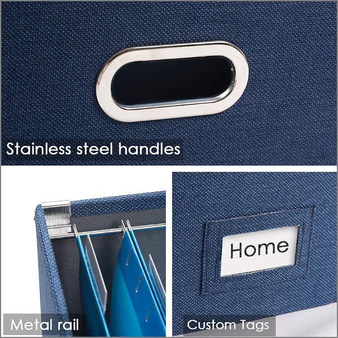 File Organizer Box - Set of 4 Collapsible Decorative Linen Filing Storage Hanging File Folders with Lids Office Cabinet Letter/Legal Size Navy Blue 17.1x14x11.1 inch - Image 7