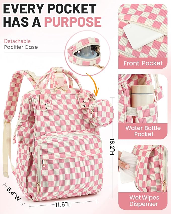 Corduroy Diaper Bag Backpack, Large Capacity Multifunction Baby Diaper Bags for Women, Insulated Bottle Pockets & Pacifier Case, Stylish Travel Nappy Changing Bags for Mom Dad (Checkered Pink) - Image 5