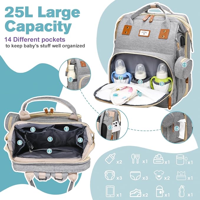 JSTPRO Diaper Bag Backpack with Changing Station, 25L Capacity, Grey - Image 2
