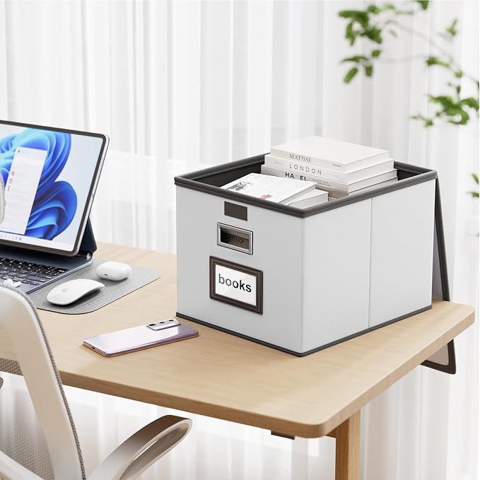 File Organizer Box with Lids, Collapsible File Folder Organizer | File Box with Plastic Slides for Document, Filing Bin for Letter Size Hanging File Folders (1 Pack, Silver, Leather) - Image 2
