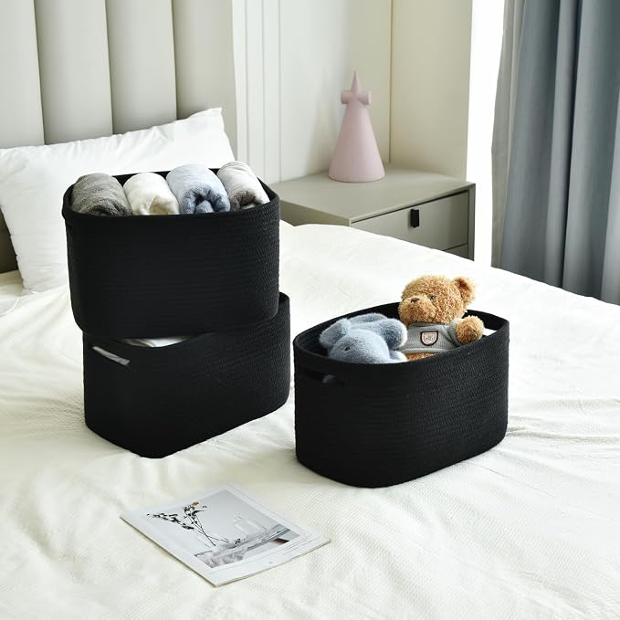 Issudata Storage Basket, Woven and Cotton Rope Baskets for Organizing, Decorative Book, Towel, Toy Baskets or Storage Bins for Living Room - 3 Pack, Black - Image 3