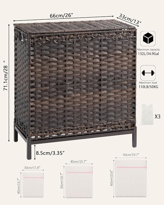 SETVSON Laundry Hamper with Lid, 35 Gal 3-Bag Clothes Sorter, Brown | Large Family Laundry Trunk with Lid, 3 Compartment Sorting Liner, 6 Wash Bags, Elevated PE Rattan Bin with Handles - Image 5
