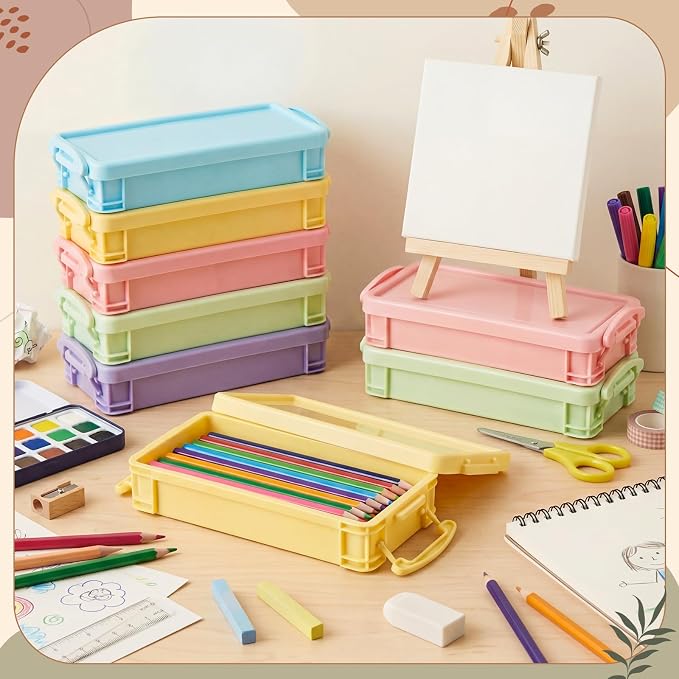 Gueevin Large Capacity Plastic Pencil Box Clear Plastic Pencil Case Crayon Box with Snap Tight Lid Watercolor Pen Storage Brush Organizer Drawing Tools Container (Macaron Colors,12 Pcs) - Image 5