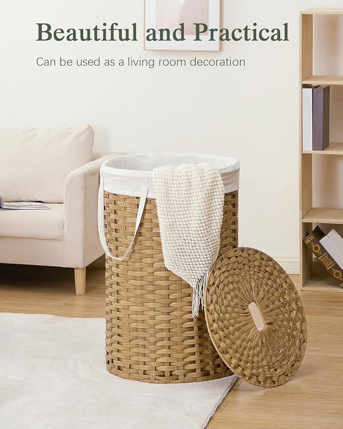 SETVSON Large Laundry Hamper Laundry Basket Round 34.3 Gal PE, Natural | 130L Jumbo Family PE Rattan Hamper, Removable Washable Liner Bag with Handles, 2 Mesh Wash Bags, Steel Frame, Foldable - Image 7