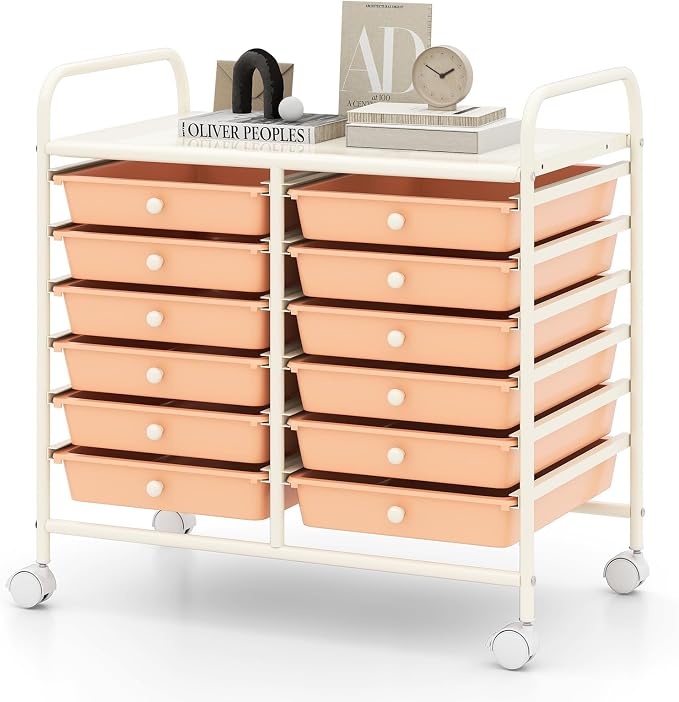 RELAX4LIFE 12-Drawer Rolling Storage Cart - Mobile Utility Cart on Wheels for School Classroom Teacher Office Salon, Paper File Art Supply Craft Organizer, Rolling Cart with Drawers (Pink) by RELAX4LIFE