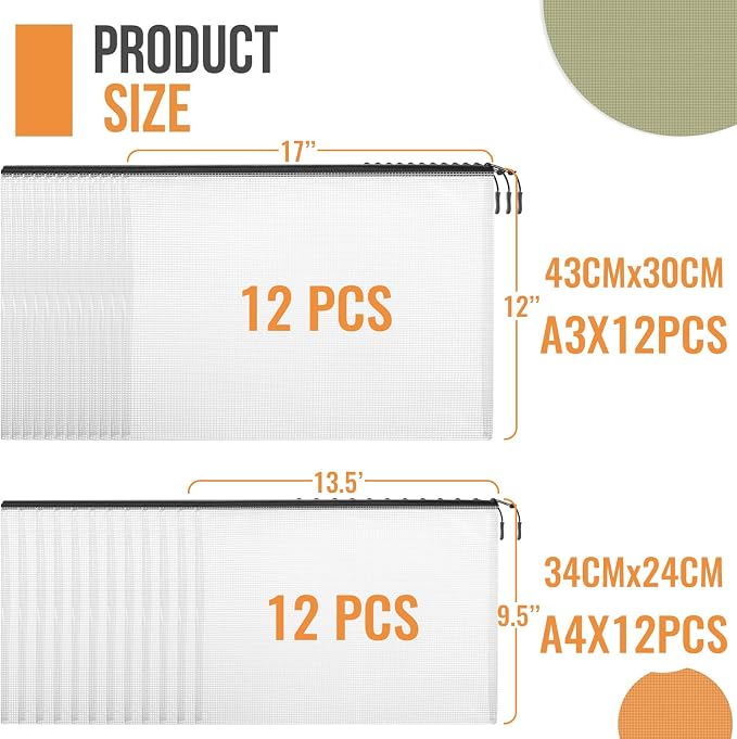 24pcs A4 Mesh Zipper Pouch File Bags, 12pcs Large A3 and 12pcs Letter A4,Black Reusable Zipper Bags for Organizing Storage, Waterproof Puzzle Bag, Board Game Storage and School Office Supplies - Image 2