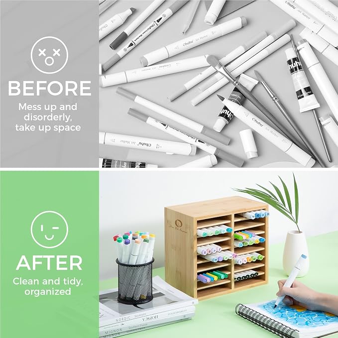 Ohuhu Bamboo Marker Organizer, Wooden Desktop Storage Holds 126 Markers | Markers Pens Pencils Art Brushes Stationary Organizer Pencil Holder with 18 Compartments for Classroom Office Decor Home - Image 8