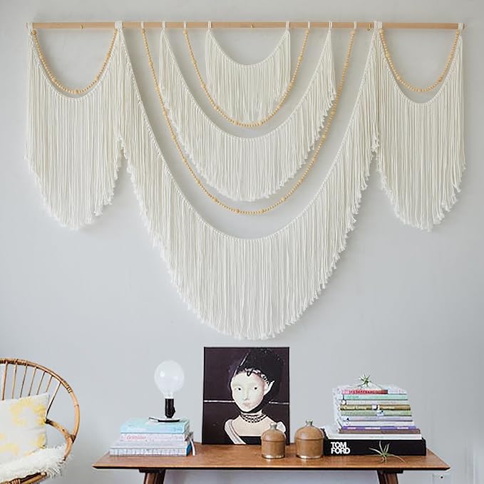 Macrame Wall Hanging Boho Yarn Art Tassel Beaded Handmade Decor 57"W*41"L | Fiber Wall Hanging, Large Wall Decor, Handmade Textile Art, Cotton Rope Craft, Beaded Tassel Accent, for Living Room Bedroom by FLBER