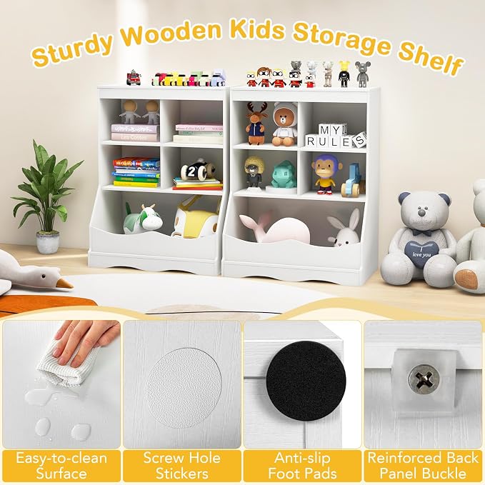 HONEY JOY Kids Toy Storage Organizer with Bookcase, 4-Cubby Organization Storage Cabinet w/Display Shelf, Wooden Toy Storage Unit for Playroom, Nursery Daycare(White) - Image 6