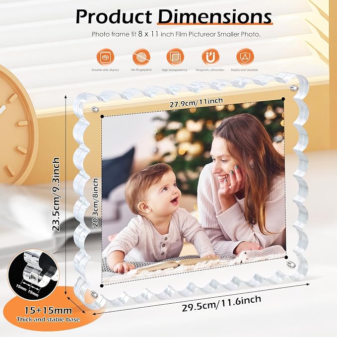 Chivalral 8x10 Scalloped Acrylic Photo Frame 3 Pack,15+15mm Desktop Holders | With magnetic frames,vertical & horizontal keepsakes for weddings,birthdays,Christmas and anniversary celebrations - Image 3