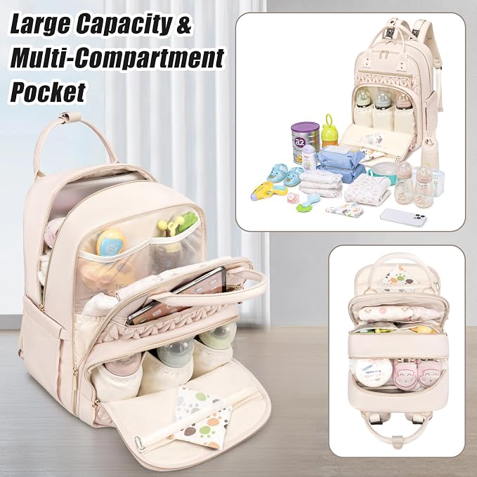 Tealari Diaper Bag Backpack,Stylish Baby Diaper Bag,Waterproof Travel Diaper Backpacks Baby Bags with Changing Pad,Stroller Straps,Insulated Pockets (Beige) - Image 6