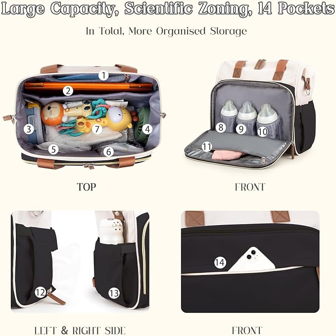 Diaper Bag Backpack Mommy Bag Large Capacity Diaper Backpack Travel Essential Baby Diaper Bag for Mom and Dad, Black (Black & Creamy-White) - Image 4