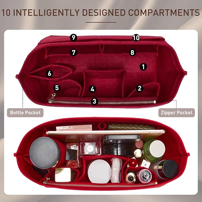 Purse Organizer Insert for Handbags & Base Shaper 2pc Set, Felt Neverfull MM Organizer Insert, Tote Bag Organizer with Zipper and Bottle Holder, Fit Speedy 30 Neverfull MM and More,Burgundy-L - Image 4