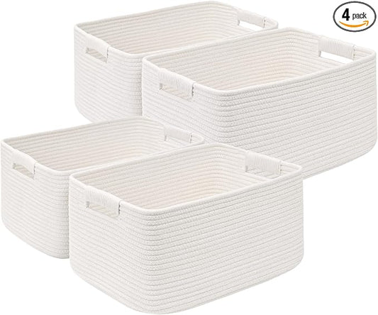 4 Pack Large Storage Basket for Organizing, 17.5"x13"x7" Woven Basket for Shelves, Closet Cube Storage Bins with Wrapped Handle, Cotton Rope Baskets for Kitchen, Clothes, Toys(Off White) by Degeyoyo