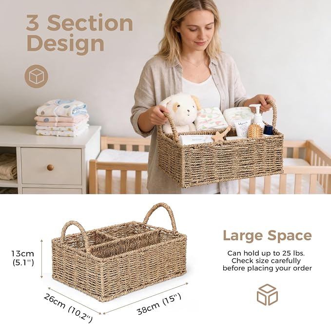 Diaper Caddy Organizer, Hand Rattan Nursery Baby Basket Changing Table Organizer for Baby Essentials, Baby Shower Gifts, Versatile Shelf Basket Bathroom/Kitchen Organizer (Natural Beige, L) - Image 3
