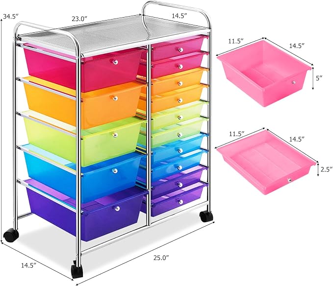 GOFLAME 15-Drawer Rolling Storage Cart, Craft Storage Cart with Removable Drawers & Lockable Wheels, Art Cart Supply Storage Organizer for Home Office Classroom, Rainbow - Image 3