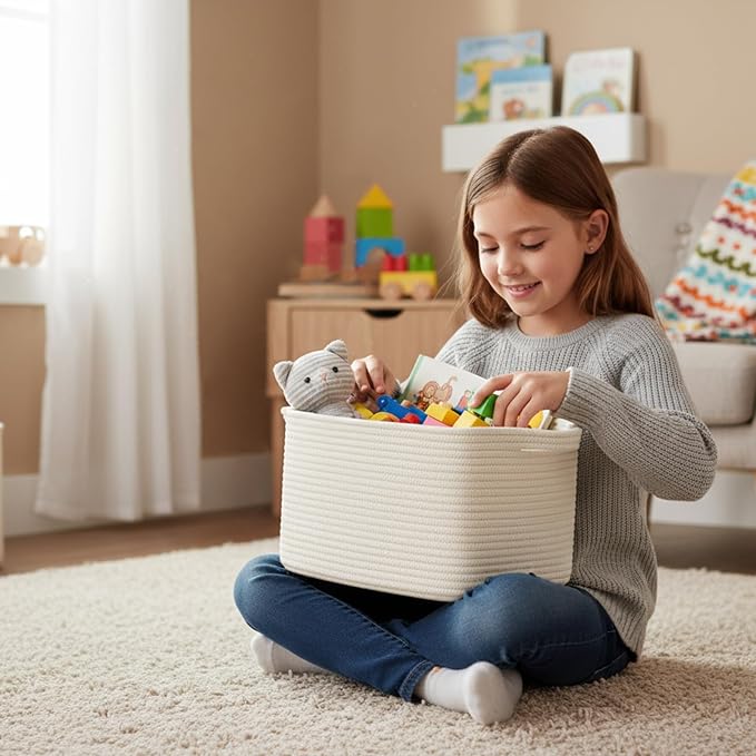 R RUNKA Cotton Rope Basket Set of 3 (15"x10.2"x9.1") - Rectangle Storage Bins - Versatile Toy Storage Organizer - Perfect for Kids, Dog Toys, Books, Shelves - White - Image 8