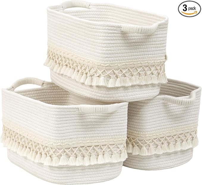 3 Pack Storage Basket for Shelves, Boho Cotton Rope Storage Bins with Heavy Tassel, Shelf Baskets Large Woven Baskets for Organizing, Cube Organizer Bins, Baby Laundry Basket for Clothes, Toys, Pets by Degeyoyo