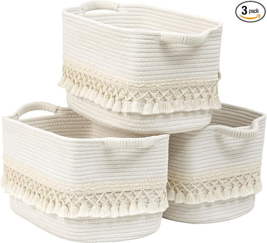 3 Pack Storage Basket for Shelves, Boho Cotton Rope Storage Bins with Heavy Tassel, Shelf Baskets Large Woven Baskets for Organizing, Cube Organizer Bins, Baby Laundry Basket for Clothes, Toys, Pets by Degeyoyo
